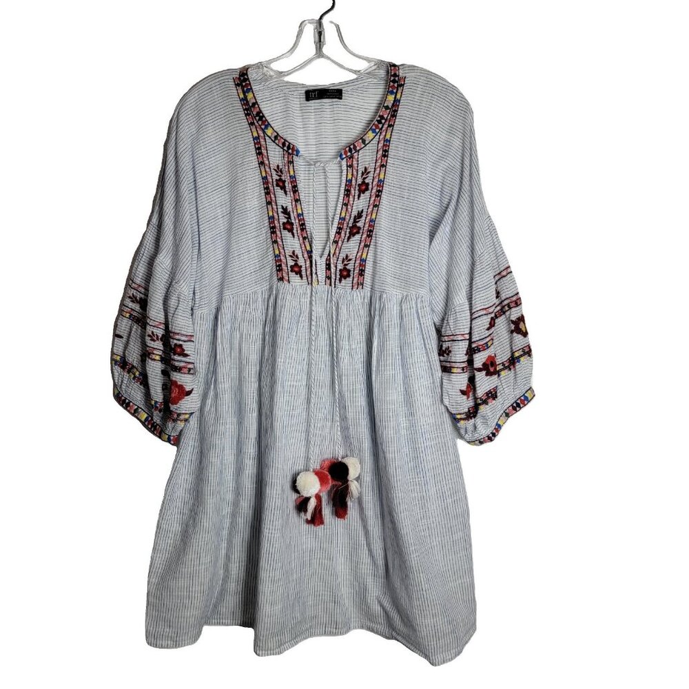Zara‎ TRF Collection Embroidered Dress Medium Tassels Balloon Sleeve Cotton Boho